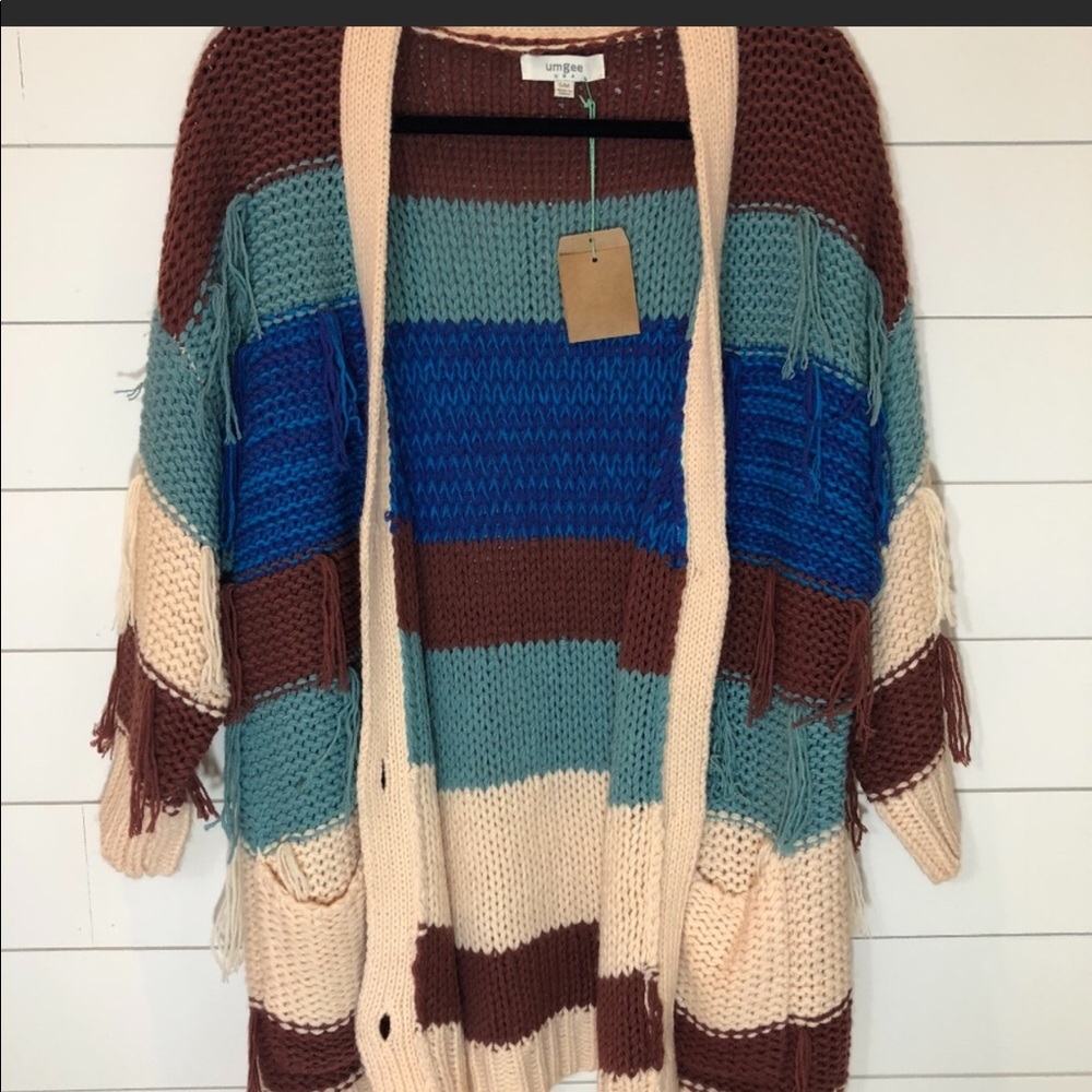 Umgee Striped Colorblock Tassel Cardigan